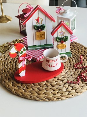 Den Tasarım Hediyelik Yılbaşı Baston Şeker Mutlu Yıllar Objeli Kahve Fincan Seti