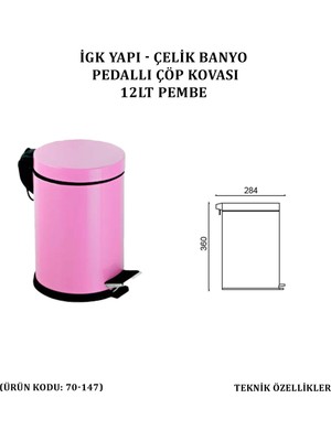 Çelik Banyo Pedallı Çöp Kovası 12 Lt Pembe (70-147)