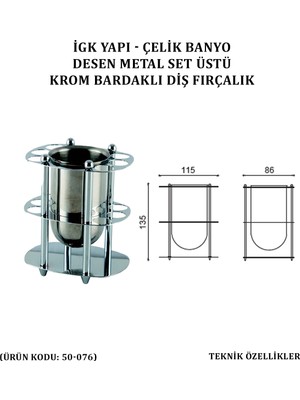 Çelik Banyo Desen Metal Set Üstü Krom Bardaklı Diş Fırçalık (50-076)