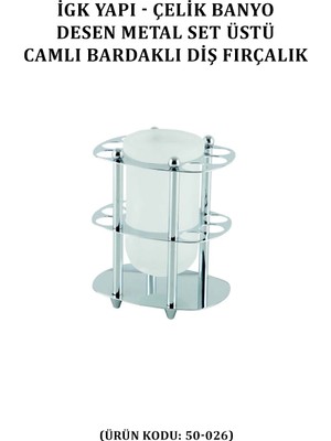 Çelik Banyo Desen Metal Set Üstü Camlı Bardaklı Diş Fırçalık (50-026)