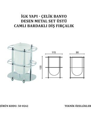 Çelik Banyo Desen Metal Set Üstü Camlı Bardaklı Diş Fırçalık (50-026)