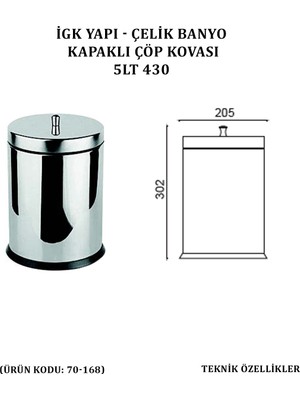 Çelik Banyo Kapaklı Çöp Kovası 5 Lt 430 (70-168)