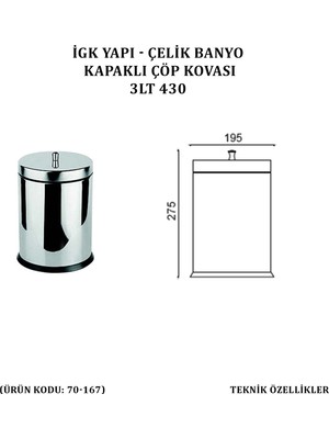 Çelik Banyo Kapaklı Çöp Kovası 3 Lt 430 (70-167)