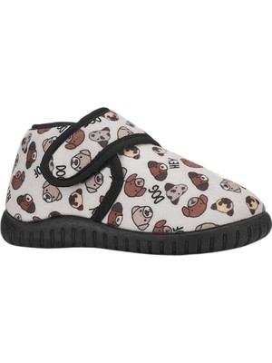 Tematik Cırtlı Çocuk Panduf Okul Kreş Ev Ayakkabısı Kaydırmaz Taban Bej - Siyah