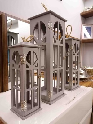 3'lü Ahşap Fener Mumluk (Vizon Gri)