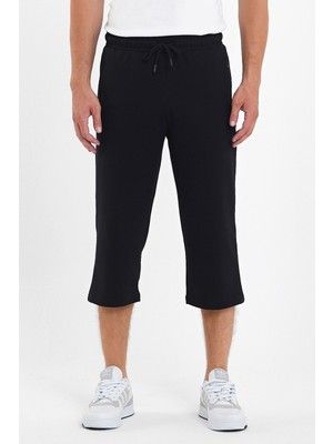 Comeor Erkek Cepleri Fermuarlı Siyah Bermuda Diz Altı Kapri Beli Ayarlanabilir Lastikli Uzun Şort