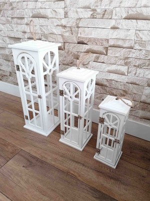 3'lü Ahşap Fener Mumluk (Beyaz)