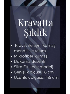 Gaffy Gri ve  Mavi Şal Desenli Lacivert Dokuma Kumaş Mendilli Slim Fit Kravat // SDK-240805