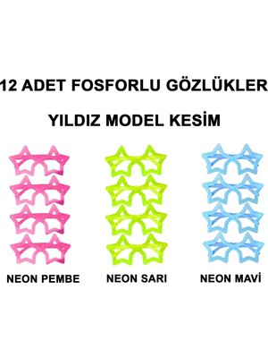 Mepa Tedarik Fosforlu Yıldız Model Glow Parti Gözlüğü Karanlıkta Yanan Gözlükler 12 Adet