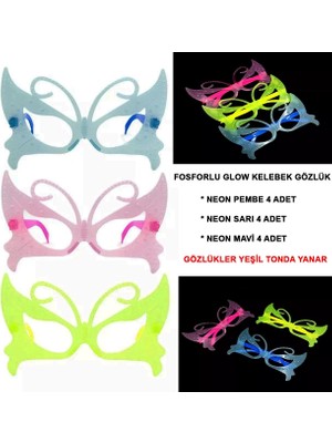 Urz Kids Fosforlu Kelebek Model Glow Parti Gözlüğü Karanlıkta Yanan Gözlükler 12 Adet