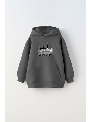 The Champ Clothing Kapüşonlu Içi Polar New York Yazı Baskılı Siyah Kız Çocuk Çocuk Hoodie Sweatshirt