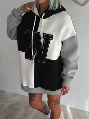 Kadın W Nakış Işlemeli Kapüşonlu Sweatshirt - Siyah