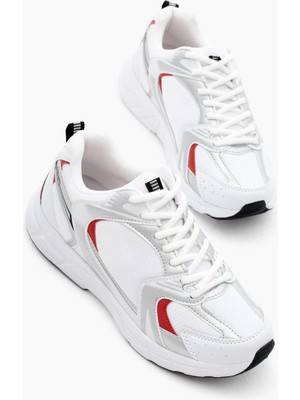 Tonny Black Unisex Spor Ayakkabı Beyaz Kırmızı Faylon Taban Bağcıklı Düz Topuklu Rahat Kalıp