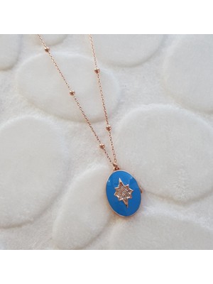 Canka Mavi Kapaklı Mineli Kutup Yıldızı Gümüş Kolye