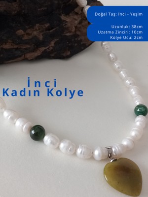 Inci -  Yeşim Kadın Kolye - Ayarlanabilir Inci Kolye -Yeşim Kalp Kolye