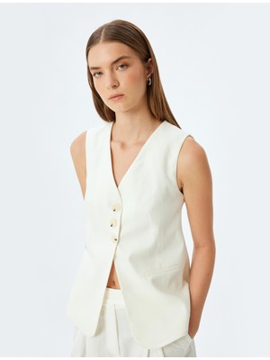 Koton Uzun Keten Yelek Düğmeli V Yaka Astarlı