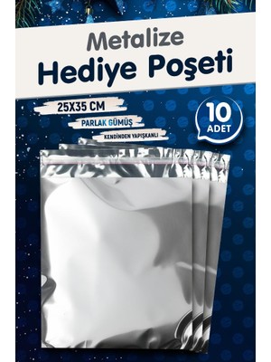 Tuğset Etiket Yapışkanlı Metalize Hediye Paketi Poşeti 25X35CM Gümüş 10 Adet  Yeni Yıl Yılbaşı Hediye Paketi -T1093