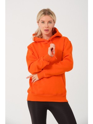 Devo Store Kadın Turuncu %100 Pamuk Kordonlu Kanguru Cep Şardonlu Kapüşonlu Kordonlu Regular Fit Sweatshirt