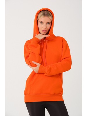 Devo Store Kadın Turuncu %100 Pamuk Kordonlu Kanguru Cep Şardonlu Kapüşonlu Kordonlu Regular Fit Sweatshirt