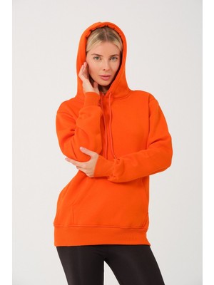 Devo Store Kadın Turuncu %100 Pamuk Kordonlu Kanguru Cep Şardonlu Kapüşonlu Kordonlu Regular Fit Sweatshirt