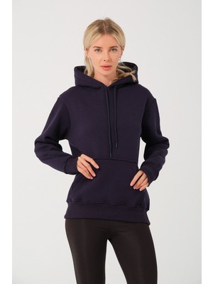 Kadın Lacivert %100 Pamuk Kordonlu Kanguru Cep Şardonlu Kapüşonlu Kordonlu Regular Fit Sweatshirt