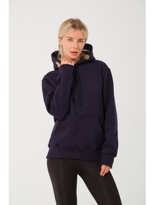 Kadın Lacivert %100 Pamuk Kordonlu Kanguru Cep Şardonlu Kapüşonlu Kordonlu Regular Fit Sweatshirt