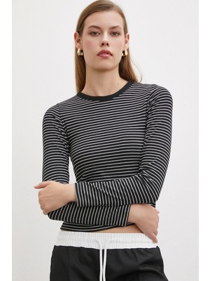 Never More Bisiklet Yaka Çizgili Bluz Siyah