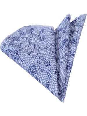 Exve Exclusive Mavi Üzerine Lacivert Çiçek Baskılı Pamuk Yaka Cep Mendili