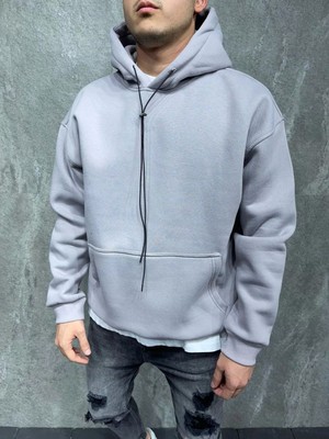 Erkek Açık Gri Trend Kapüşonlu Sweatshirt