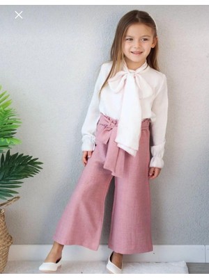 Arbi Kids Kız Çocuk Flarlı Pamuk Keten Gömlek Keten Pantalon Takım