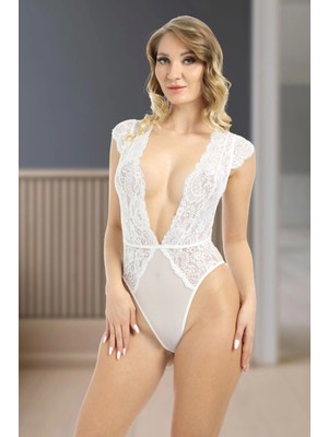 Ynt İthalat Beyaz Yarım Kol Dantel Bodysuit - 894