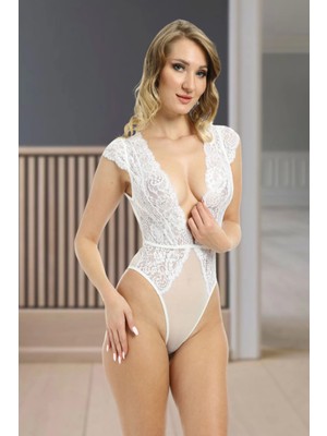 Ynt İthalat Beyaz Yarım Kol Dantel Bodysuit - 894