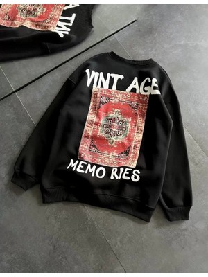 Tarz Yeri Bisiklet Yaka Üç Iplik Baskılı Oversize Sweatshirt - Siyah