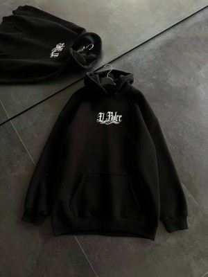 Stil Aura Üç Iplik Penye Uzun Kol Kapşonlu Baskılı Sweatshirt - Siyah