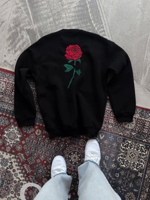 Stil Aura Oversize Üç Iplik Bisiklet Yaka Baskılı Sweatshirt - Siyah