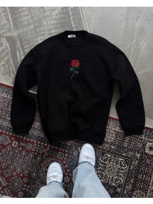 Stil Aura Oversize Üç Iplik Bisiklet Yaka Baskılı Sweatshirt - Siyah