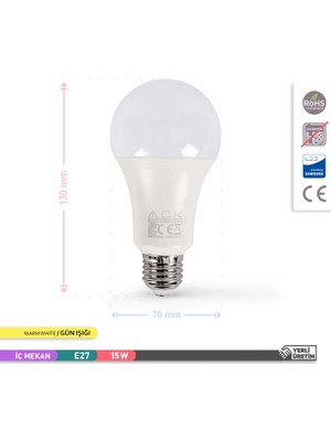 ACK 15W Günışığı LED Ampul 1350 Lümen E27 Duylu Yüksek Işık LED Lamba