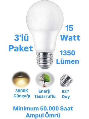 15W Günışığı LED Ampul 1350 Lümen E27 Duylu Yüksek Işık LED Lamba