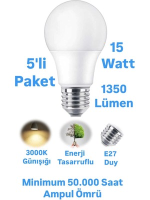 15W Günışığı LED Ampul 1350 Lümen E27 Duylu Yüksek Işık LED Lamba