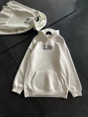 Tarz Yeri Üç Iplik Penye Uzun Kol Kapşonlu Baskılı Sweatshirt - Beyaz