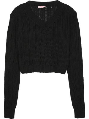 Vatkalı V Yaka Crop Triko Siyah