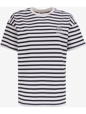 Jeep Bisiklet Yaka Çizgili Lacivert - Beyaz Kadın T-Shirt C4WL-TST4010