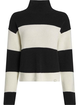 Calvin Klein Jeans Balıkçı Yaka Standart Çizgili Beyaz Kazak Kadın Chunky Loose Hıgh Neck Sweater