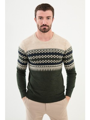 Desenli Haki Slim Fit Bisiklet Yaka Erkek Triko Kazak