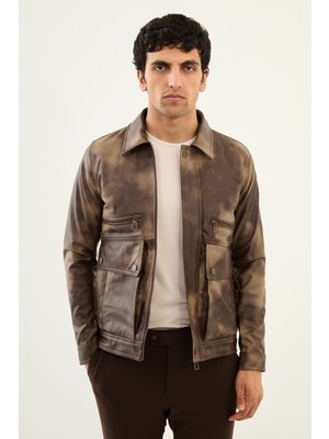 Desenli Taba Slim Fit Torba Cep Gömlek Yaka Suni Deri Erkek Mont