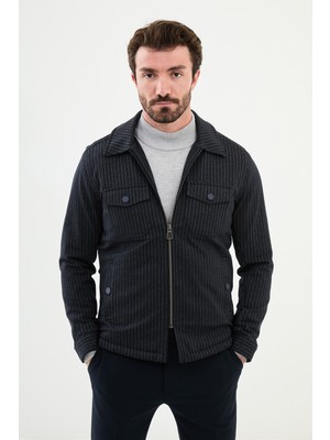 Çizgili Lacivert Slim Fit Gömlek Yaka Yün Erkek Mont
