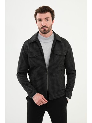 Çizgili Siyah Slim Fit Gömlek Yaka Yün Erkek Mont