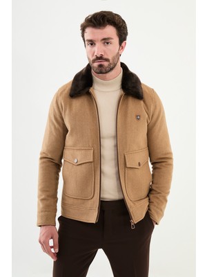 Desenli Kamel Slim Fit Torba Cep Kürklü Yaka Yün Erkek Mont