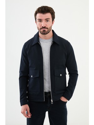 Çizgili Lacivert Slim Fit Torba Cep Gömlek Yaka Erkek Mont