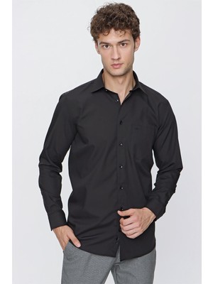 İmza Siyah Uzun Kol Düz Bez Ayağı 041 Sert Yaka Basic Comfort Fit Gömlek 1004245051